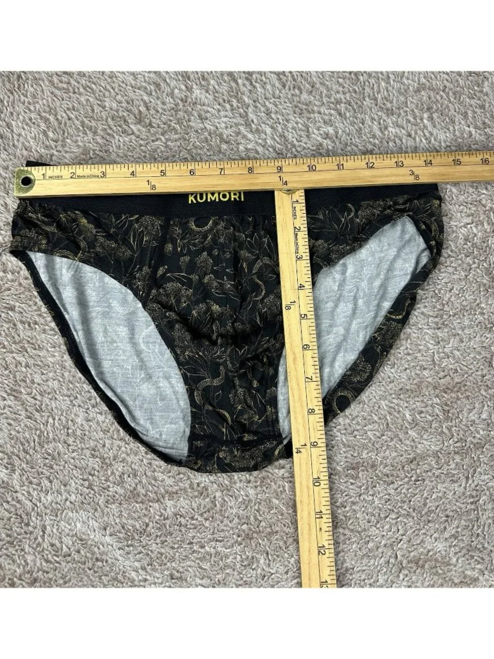 KUMORI Men's Bamboo Briefs M Black Gold Snake Floral Pattern Stretch Underwear